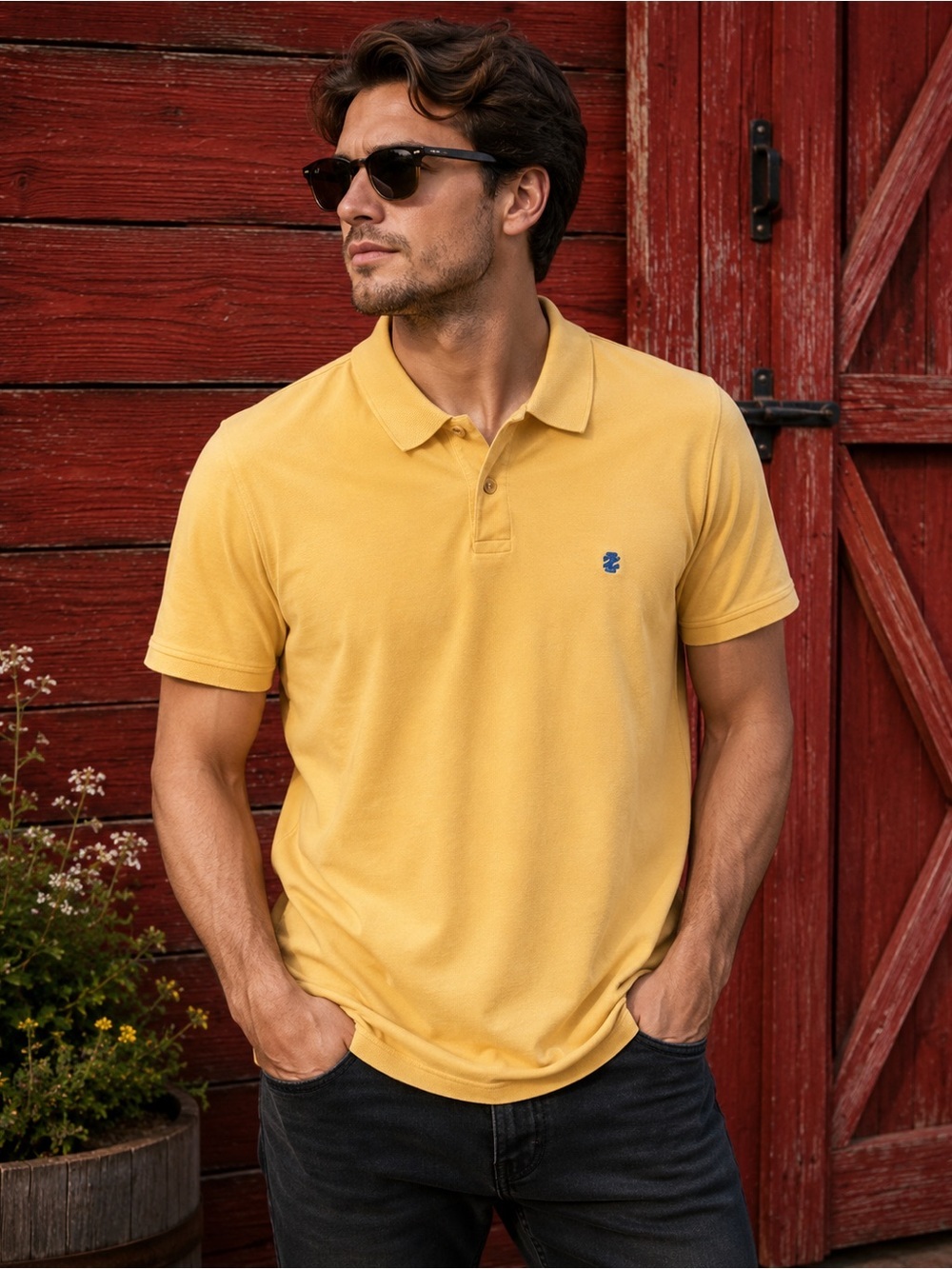 IZOD Men’s Yellow Polo Shirt Large Blue Logo Classic Fit Golf Casual